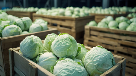 White cabbage heads harvested in wooden boxes in a warehouse. Natural organic fruit abundance. Healthy and natural food storing and shipping concept.の素材