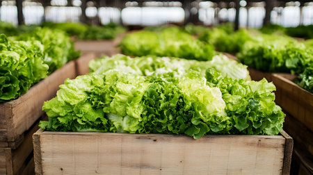 Iceberg lettuce harvested in wooden boxes in a warehouse. Natural organic fruit abundance. Healthy and natural food storing and shipping concept.の素材
