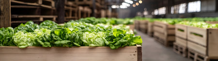 Lettuce harvested in wooden boxes in a warehouse. Natural organic fruit abundance. Healthy and natural food storing and shipping concept.の素材