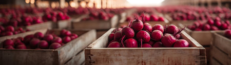 Beetroot harvested in wooden boxes in a warehouse. Natural organic fruit abundance. Healthy and natural food storing and shipping concept.の素材