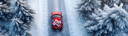 Aerial view of Christmas decorated car carrying gifts in a winter forest covered with snow in snowfal.の素材