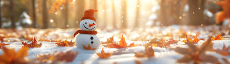 Snowman built from the first winter snow in colorful autumn leaves in the forest. Concept of winter coming and autumn leaving.の素材