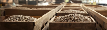 Sunflower seeds harvested in wooden boxes in a warehouse. Natural organic fruit abundance. Healthy and natural food storing and shipping concept.の素材