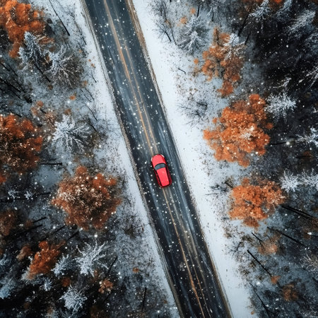 Aerial view of red car on the road with forest trees entering winter season. Concept of winter coming and autumn leaving.の素材