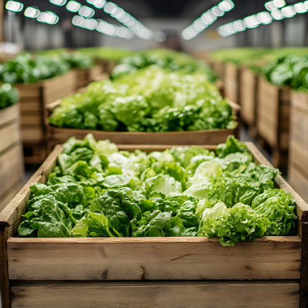 Lettuce harvested in wooden boxes in a warehouse. Natural organic fruit abundance. Healthy and natural food storing and shipping concept.の素材