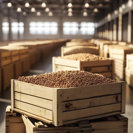 Soya beans harvested in wooden boxes in a warehouse. Natural organic fruit abundance. Healthy and natural food storing and shipping concept.の素材