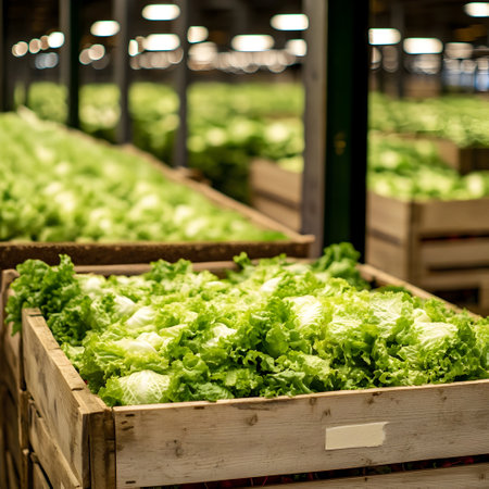 Iceberg lettuce harvested in wooden boxes in a warehouse. Natural organic fruit abundance. Healthy and natural food storing and shipping concept.の素材