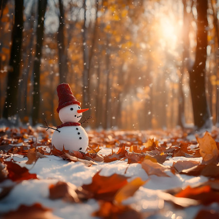 Snowman built from the first winter snow in colorful autumn leaves in the forest. Concept of winter coming and autumn leaving.の素材