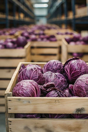 Red cabbage heads harvested in wooden boxes in a warehouse. Natural organic fruit abundance. Healthy and natural food storing and shipping concept.の素材