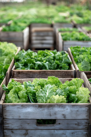 Lettuce harvested in wooden boxes in a warehouse. Natural organic fruit abundance. Healthy and natural food storing and shipping concept.の素材