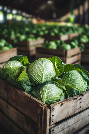 White cabbage heads harvested in wooden boxes in a warehouse. Natural organic fruit abundance. Healthy and natural food storing and shipping concept.の素材