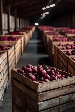 Beetroot harvested in wooden boxes in a warehouse. Natural organic fruit abundance. Healthy and natural food storing and shipping concept.の素材