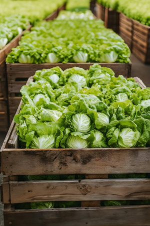 Iceberg lettuce harvested in wooden boxes in a warehouse. Natural organic fruit abundance. Healthy and natural food storing and shipping concept.の素材