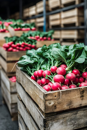 Radish harvested in wooden boxes in a warehouse. Natural organic fruit abundance. Healthy and natural food storing and shipping concept.の素材