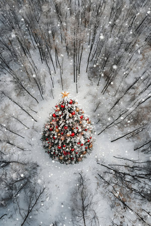 Aerial view of Christmas decorated tree in winter forest covered with snow and snowfall. Concept of Christmas celebration and standing out.の素材
