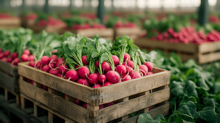 Radish harvested in wooden boxes in a warehouse. Natural organic fruit abundance. Healthy and natural food storing and shipping concept.の素材