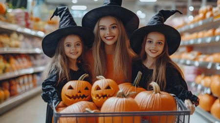 Mother and her daughters dressed as witches pulling a shopping cart with Halloween pumpkins. Concept of Halloween shopping, sale and commerce.の素材