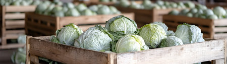 White cabbage heads harvested in wooden boxes in a warehouse. Natural organic fruit abundance. Healthy and natural food storing and shipping concept.の素材