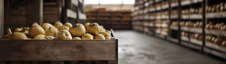 Gourd vegetables harvested in wooden boxes in a warehouse. Natural organic fruit abundance. Healthy and natural food storing and shipping concept.の素材