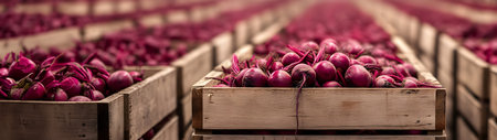 Beetroot harvested in wooden boxes in a warehouse. Natural organic fruit abundance. Healthy and natural food storing and shipping concept.の素材