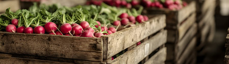 Radish harvested in wooden boxes in a warehouse. Natural organic fruit abundance. Healthy and natural food storing and shipping concept.の素材