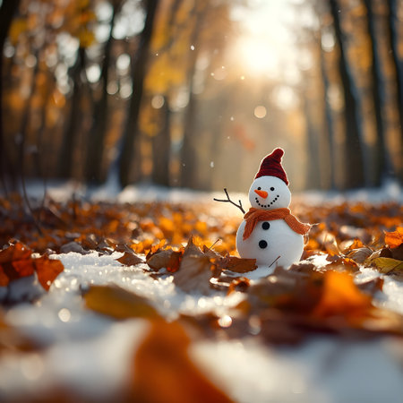 Snowman built from the first winter snow in colorful autumn leaves in the forest. Concept of winter coming and autumn leaving.の素材