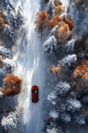 Aerial view of red car on the road with forest trees entering winter season. Concept of winter coming and autumn leaving.の素材
