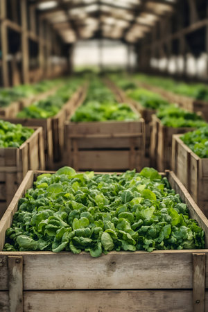 Lettuce harvested in wooden boxes in a warehouse. Natural organic fruit abundance. Healthy and natural food storing and shipping concept.の素材
