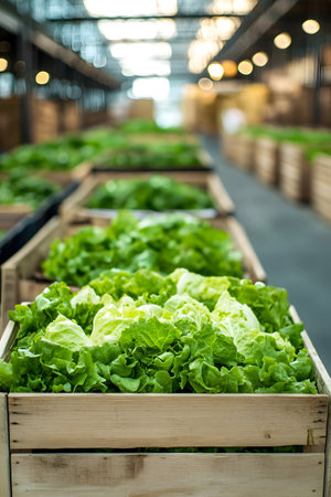 Iceberg lettuce harvested in wooden boxes in a warehouse. Natural organic fruit abundance. Healthy and natural food storing and shipping concept.の素材