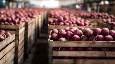Beetroot harvested in wooden boxes in a warehouse. Natural organic fruit abundance. Healthy and natural food storing and shipping concept.の素材
