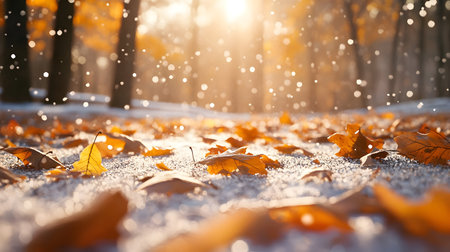 Colorful autumn leaves with first winter snow in the forest. Concept of winter coming and autumn leaving.の素材