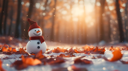 Snowman built from the first winter snow in colorful autumn leaves in the forest. Concept of winter coming and autumn leaving.の素材