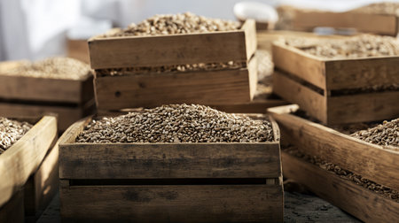 Sunflower seeds harvested in wooden boxes in a warehouse. Natural organic fruit abundance. Healthy and natural food storing and shipping concept.の素材