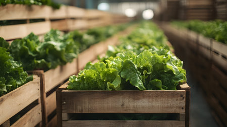 Lettuce harvested in wooden boxes in a warehouse. Natural organic fruit abundance. Healthy and natural food storing and shipping concept.の素材
