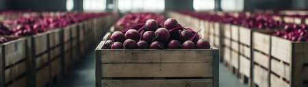 Beetroot harvested in wooden boxes in a warehouse. Natural organic fruit abundance. Healthy and natural food storing and shipping concept.の素材