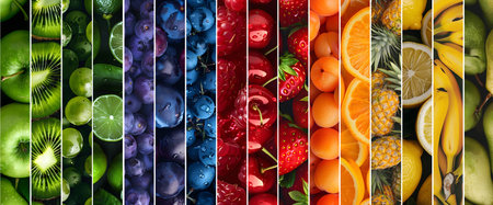 Abstract background made of rainbow color mix stripes with fruit and slices. Healthy eating, colorful, organic bio food concept.の素材