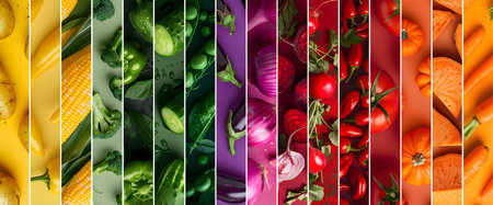 Rainbow color mix stripes with perfect vegetables, slices and leaves on colorful background. Healthy, organic, bio food concept. Abstract background, flat lay.の素材