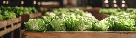 Iceberg lettuce harvested in wooden boxes in a warehouse. Natural organic fruit abundance. Healthy and natural food storing and shipping concept.の素材