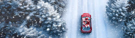 Aerial view of Christmas decorated car carrying gifts on the road in a winter forest covered with snow in snowfal.の素材