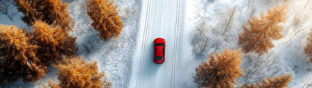 Aerial view of red car on the road with forest trees entering winter season. Concept of winter coming and autumn leaving.の素材
