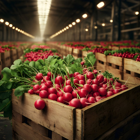 Radish harvested in wooden boxes in a warehouse. Natural organic fruit abundance. Healthy and natural food storing and shipping concept.の素材