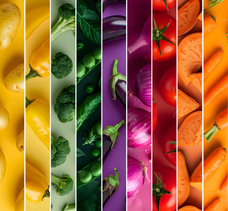 Rainbow color mix stripes with perfect vegetables, slices and leaves on colorful background. Healthy, organic, bio food concept. Abstract background, flat lay.の素材