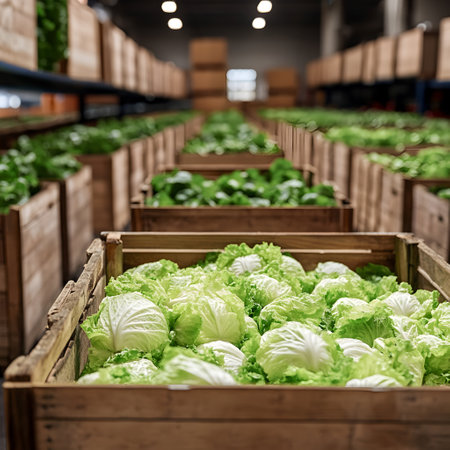 Iceberg lettuce harvested in wooden boxes in a warehouse. Natural organic fruit abundance. Healthy and natural food storing and shipping concept.の素材