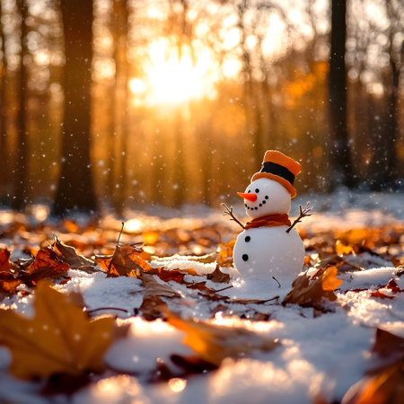 Snowman built from the first winter snow in colorful autumn leaves in the forest. Concept of winter coming and autumn leaving.の素材