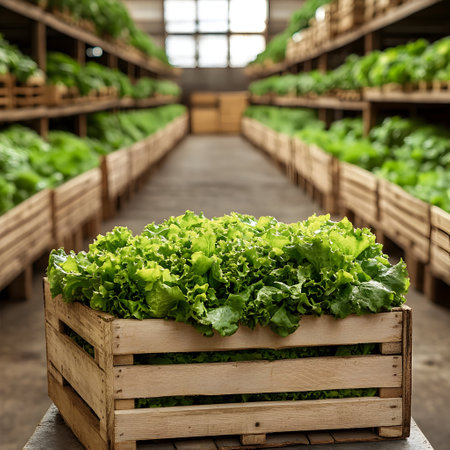Lettuce harvested in wooden boxes in a warehouse. Natural organic fruit abundance. Healthy and natural food storing and shipping concept.の素材