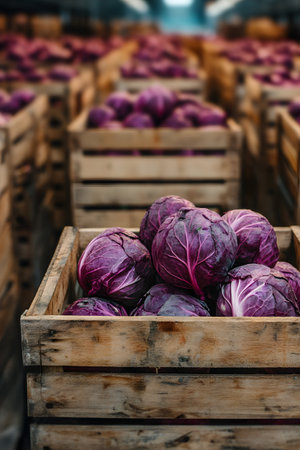 Red cabbage heads harvested in wooden boxes in a warehouse. Natural organic fruit abundance. Healthy and natural food storing and shipping concept.の素材