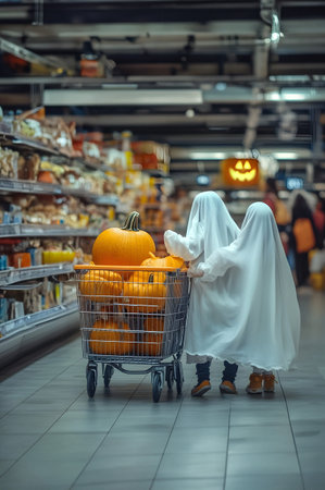 Children dressed as ghosts pulling a shopping cart with Halloween pumpkins. Concept of Halloween shopping, sale and commerce.の素材