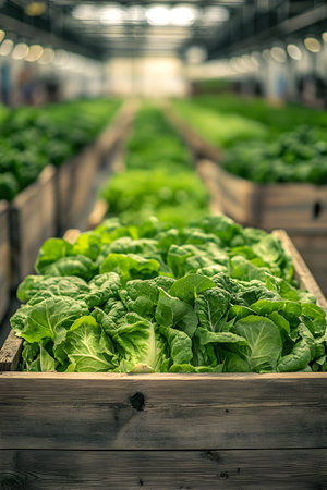 Iceberg lettuce harvested in wooden boxes in a warehouse. Natural organic fruit abundance. Healthy and natural food storing and shipping concept.の素材