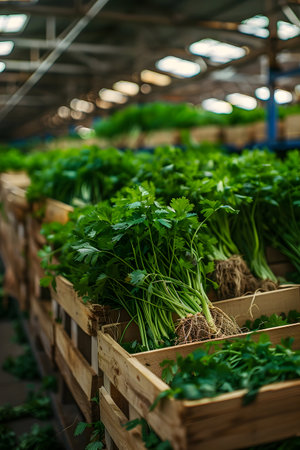 Parsley harvested in wooden boxes in a warehouse. Natural organic fruit abundance. Healthy and natural food storing and shipping concept.の素材