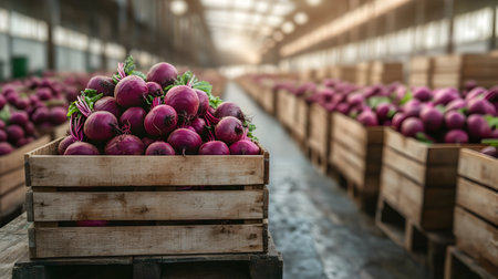 Beetroot harvested in wooden boxes in a warehouse. Natural organic fruit abundance. Healthy and natural food storing and shipping concept.の素材